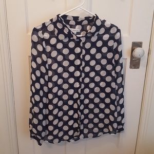 Long-Sleeve Navy Polka Dot Blouse